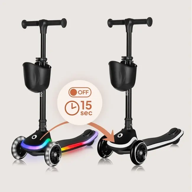 Trotineta pentru copii, Lionelo, Mey, Ultrapliabila, Cu lumini si cosulet, Maner ajustabil pe inaltime, 3 ani+, Pana la 50 Kg, Ultra usor, 2.8 kg, Conform cu standardul EN71-1/2/3, Certificata Intertek, Negru BYNLO-MEY_BLACK_ONYX