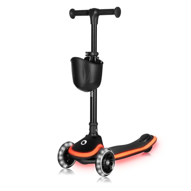 Trotineta pentru copii, Lionelo, Mey, Ultrapliabila, Cu lumini si cosulet, Maner ajustabil pe inaltime, 3 ani+, Pana la 50 Kg, Ultra usor, 2.8 kg, Conform cu standardul EN71-1/2/3, Certificata Intertek, Negru BYNLO-MEY_BLACK_ONYX