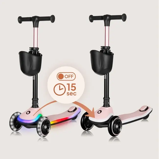 Trotineta pentru copii, Lionelo, Mey, Ultrapliabila, Cu lumini si cosulet, Maner ajustabil pe inaltime, 3 ani+, Pana la 50 Kg, Ultra usor, 2.8 kg, Conform cu standardul EN71-1/2/3, Certificata Intertek, Roz BYNLO-MEY_PINK_ROSE