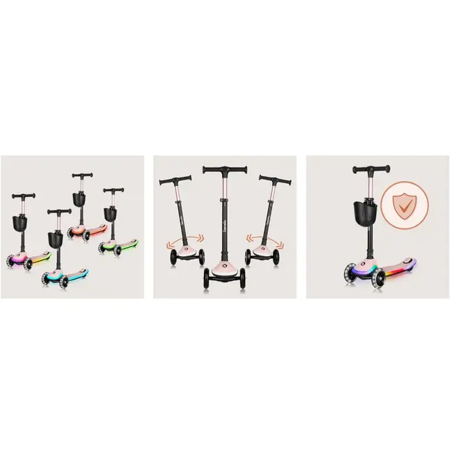 Trotineta pentru copii, Lionelo, Mey, Ultrapliabila, Cu lumini si cosulet, Maner ajustabil pe inaltime, 3 ani+, Pana la 50 Kg, Ultra usor, 2.8 kg, Conform cu standardul EN71-1/2/3, Certificata Intertek, Roz BYNLO-MEY_PINK_ROSE
