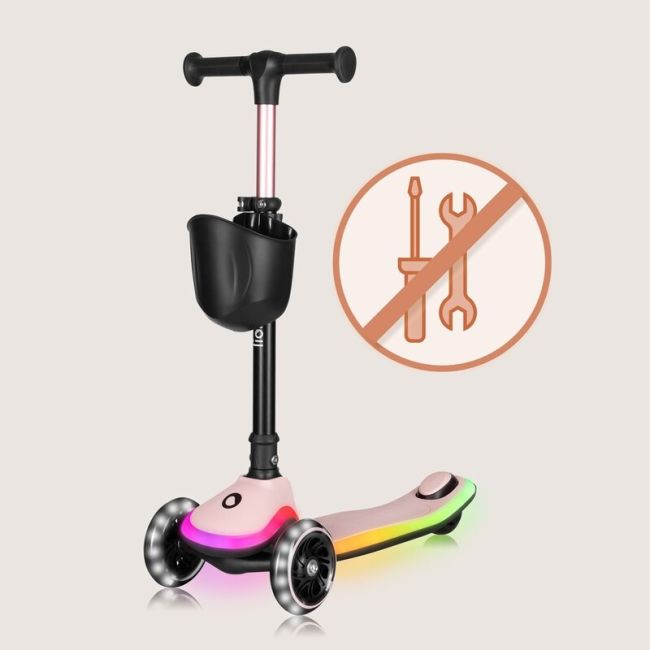 Trotineta pentru copii, Lionelo, Mey, Ultrapliabila, Cu lumini si cosulet, Maner ajustabil pe inaltime, 3 ani+, Pana la 50 Kg, Ultra usor, 2.8 kg, Conform cu standardul EN71-1/2/3, Certificata Intertek, Roz BYNLO-MEY_PINK_ROSE