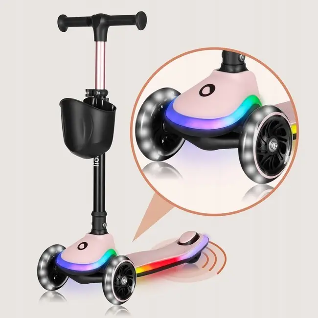 Trotineta pentru copii, Lionelo, Mey, Ultrapliabila, Cu lumini si cosulet, Maner ajustabil pe inaltime, 3 ani+, Pana la 50 Kg, Ultra usor, 2.8 kg, Conform cu standardul EN71-1/2/3, Certificata Intertek, Roz BYNLO-MEY_PINK_ROSE