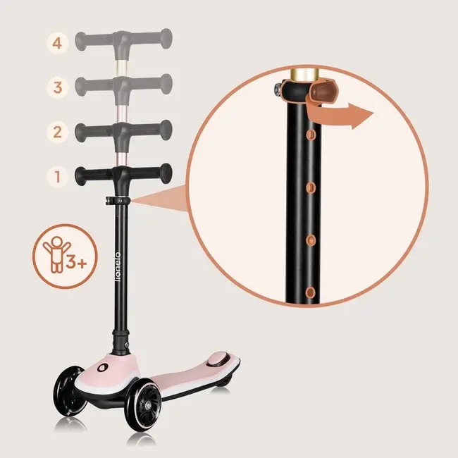 Trotineta pentru copii, Lionelo, Mey, Ultrapliabila, Cu lumini si cosulet, Maner ajustabil pe inaltime, 3 ani+, Pana la 50 Kg, Ultra usor, 2.8 kg, Conform cu standardul EN71-1/2/3, Certificata Intertek, Roz BYNLO-MEY_PINK_ROSE