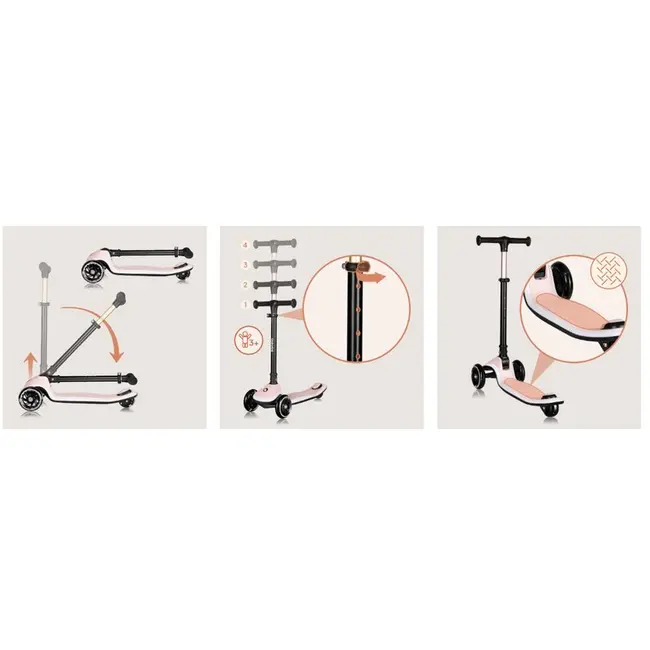 Trotineta pentru copii, Lionelo, Mey, Ultrapliabila, Cu lumini si cosulet, Maner ajustabil pe inaltime, 3 ani+, Pana la 50 Kg, Ultra usor, 2.8 kg, Conform cu standardul EN71-1/2/3, Certificata Intertek, Roz BYNLO-MEY_PINK_ROSE