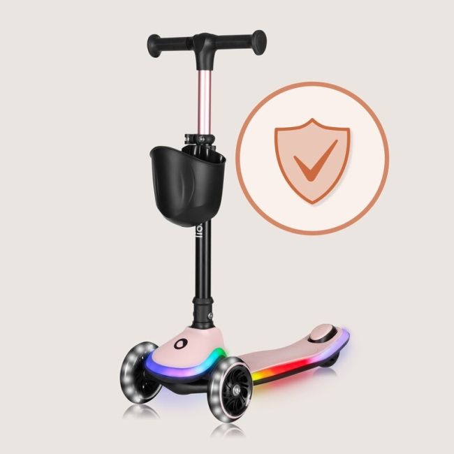 Trotineta pentru copii, Lionelo, Mey, Ultrapliabila, Cu lumini si cosulet, Maner ajustabil pe inaltime, 3 ani+, Pana la 50 Kg, Ultra usor, 2.8 kg, Conform cu standardul EN71-1/2/3, Certificata Intertek, Roz BYNLO-MEY_PINK_ROSE