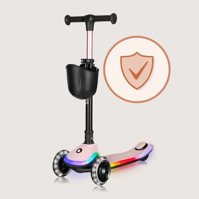 Trotineta pentru copii, Lionelo, Mey, Ultrapliabila, Cu lumini si cosulet, Maner ajustabil pe inaltime, 3 ani+, Pana la 50 Kg, Ultra usor, 2.8 kg, Conform cu standardul EN71-1/2/3, Certificata Intertek, Roz BYNLO-MEY_PINK_ROSE