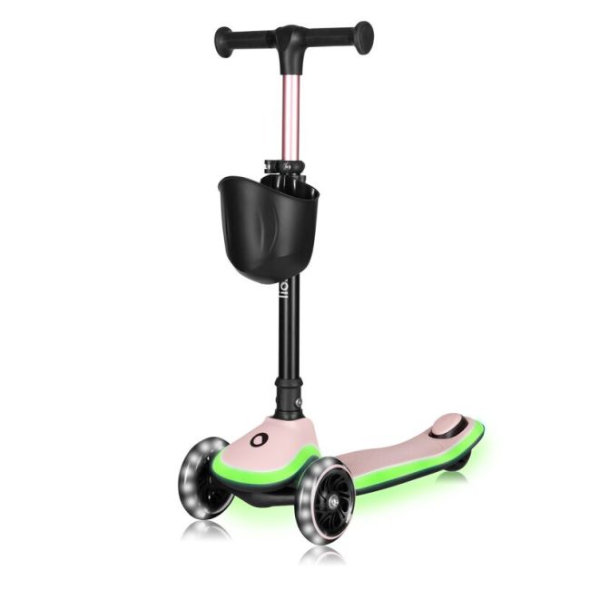 Trotineta pentru copii, Lionelo, Mey, Ultrapliabila, Cu lumini si cosulet, Maner ajustabil pe inaltime, 3 ani+, Pana la 50 Kg, Ultra usor, 2.8 kg, Conform cu standardul EN71-1/2/3, Certificata Intertek, Roz BYNLO-MEY_PINK_ROSE