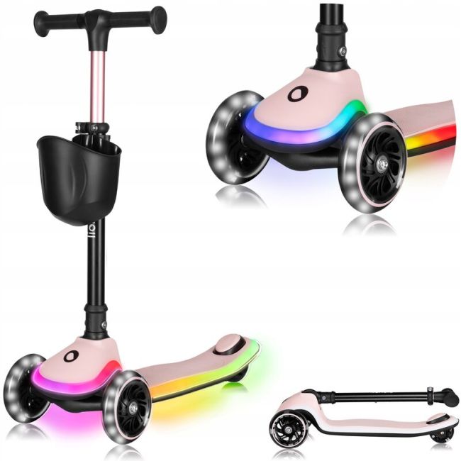 Trotineta pentru copii, Lionelo, Mey, Ultrapliabila, Cu lumini si cosulet, Maner ajustabil pe inaltime, 3 ani+, Pana la 50 Kg, Ultra usor, 2.8 kg, Conform cu standardul EN71-1/2/3, Certificata Intertek, Roz BYNLO-MEY_PINK_ROSE