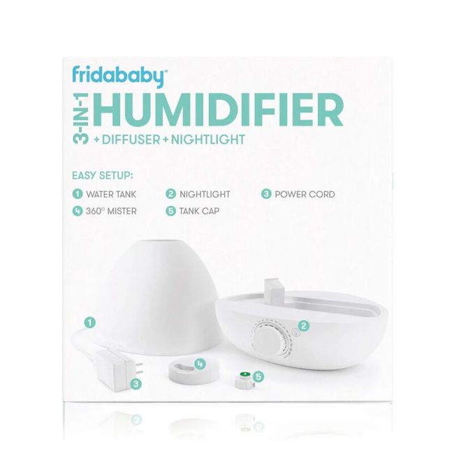 Umidificator, Fridababy, BreatheFrida, Cu ultrasunete 3 in 1, Ultra silentios, Include difuzor de uleiuri esentiale si lumina de veghe, Cu oprire automata, Rezervor BPA Free, Alb BYNFRI20
