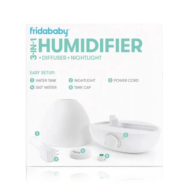 Umidificator, Fridababy, BreatheFrida, Cu ultrasunete 3 in 1, Ultra silentios, Include difuzor de uleiuri esentiale si lumina de veghe, Cu oprire automata, Rezervor BPA Free, Alb BYNFRI20