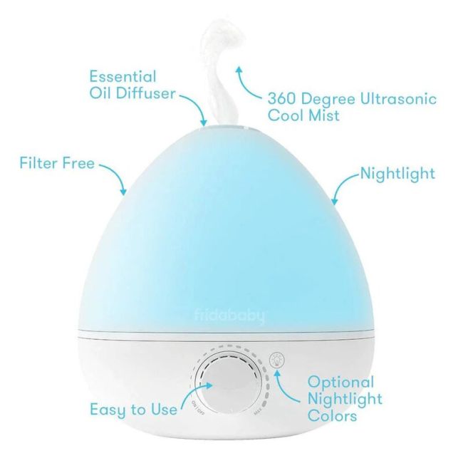 Umidificator, Fridababy, BreatheFrida, Cu ultrasunete 3 in 1, Ultra silentios, Include difuzor de uleiuri esentiale si lumina de veghe, Cu oprire automata, Rezervor BPA Free, Alb BYNFRI20
