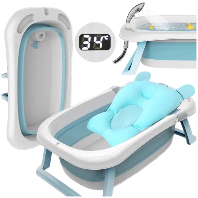 Cadita mare pliabila albastra cu termometru si pernuta – pentru bebelusi bb01-bleu