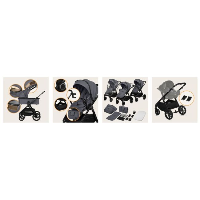 Carucior 2 in 1, Lionelo, Layla, Pana la 22 kg, Cadru aluminiu, Cu landou intarit si salteluta din spuma AirDots, Reversibil, Cu ventilatie 3D, Cu accesorii, EN1888-1, EN1888-2, EN1466, Gri BYNLO-LAYLA_2IN1_GREY_STONE