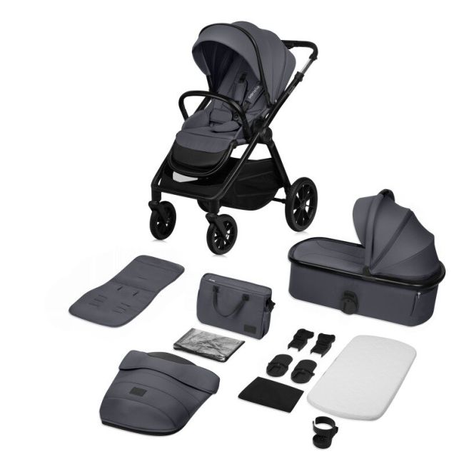 Carucior 2 in 1, Lionelo, Layla, Pana la 22 kg, Cadru aluminiu, Cu landou intarit si salteluta din spuma AirDots, Reversibil, Cu ventilatie 3D, Cu accesorii, EN1888-1, EN1888-2, EN1466, Gri BYNLO-LAYLA_2IN1_GREY_STONE