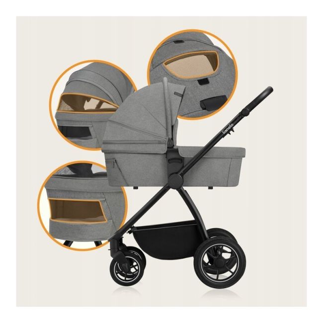 Carucior 2 in 1, Lionelo, Meril, Cu landou si scaun cu dimensiune XL, Reversibil, Cu sistem de ventilatie 3D, Cu accesorii, Pana la 22 kg, Conform cu EN1888-1 EN1888-2, EN1466, Gri BYNLO-MERIL_2IN1_GREY_STONE