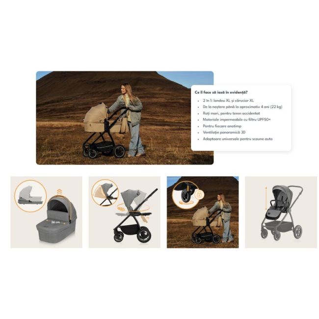 Carucior 2 in 1, Lionelo, Meril, Cu landou si scaun cu dimensiune XL, Reversibil, Cu sistem de ventilatie 3D, Cu accesorii, Pana la 22 kg, Conform cu EN1888-1 EN1888-2, EN1466, Gri BYNLO-MERIL_2IN1_GREY_STONE