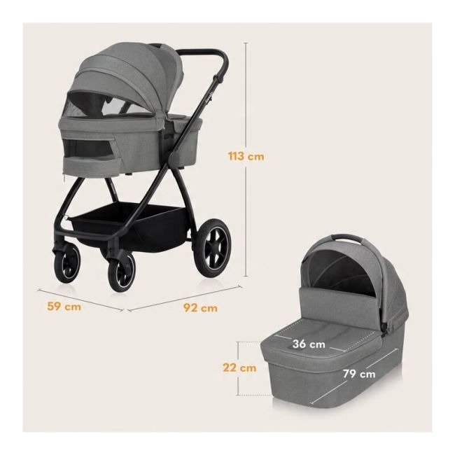 Carucior 2 in 1, Lionelo, Meril, Cu landou si scaun cu dimensiune XL, Reversibil, Cu sistem de ventilatie 3D, Cu accesorii, Pana la 22 kg, Conform cu EN1888-1 EN1888-2, EN1466, Gri BYNLO-MERIL_2IN1_GREY_STONE