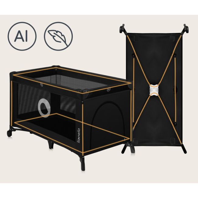 Patut pliant, Lionelo, Stefi, Cu un nivel, Cu intrare laterala cu fermoar, 2 roti, 120x60 cm, Conform cu standardul european de securitate EN 716, Negru BYNLO-STEFI_BLACK_CARBON