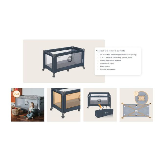 Patut pliant, Lionelo, Stefi, Cu un nivel, Cu intrare laterala cu fermoar, 2 roti, 120x60 cm, Conform cu standardul european de securitate EN 716, Negru BYNLO-STEFI_BLACK_CARBON