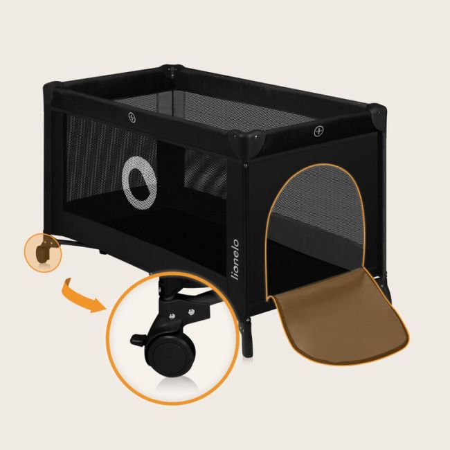 Patut pliant, Lionelo, Stefi, Cu un nivel, Cu intrare laterala cu fermoar, 2 roti, 120x60 cm, Conform cu standardul european de securitate EN 716, Negru BYNLO-STEFI_BLACK_CARBON