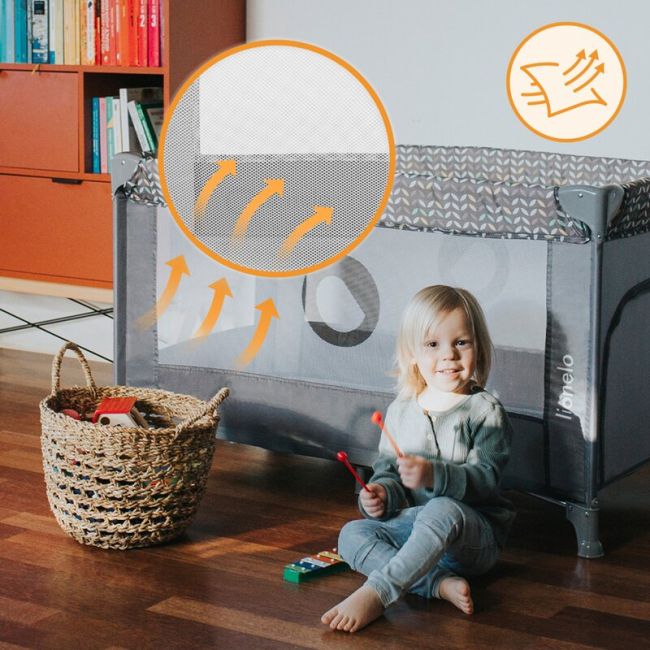 Patut pliant, Lionelo, Stefi, Cu un nivel, Cu intrare laterala cu fermoar, 2 roti, 120x60 cm, Conform cu standardul european de securitate EN 716, Negru BYNLO-STEFI_BLACK_CARBON