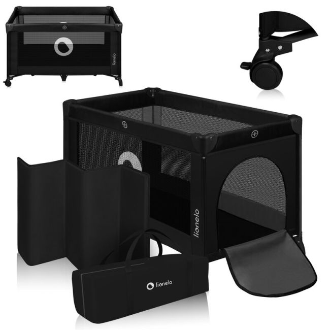 Patut pliant, Lionelo, Stefi, Cu un nivel, Cu intrare laterala cu fermoar, 2 roti, 120x60 cm, Conform cu standardul european de securitate EN 716, Negru BYNLO-STEFI_BLACK_CARBON