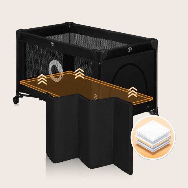 Patut pliant, Lionelo, Stefi, Cu un nivel, Cu intrare laterala cu fermoar, 2 roti, 120x60 cm, Conform cu standardul european de securitate EN 716, Negru BYNLO-STEFI_BLACK_CARBON