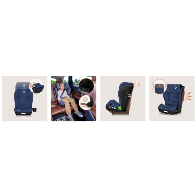 Scaun auto i-Size, Lionelo, Neal, Spatar reglabil in 4 pozitii, Tetiera in 10 pozitii, Suport sticla inclus, 15-36 Kg, 100-150 cm, Cu Isofix, Conform ECE R129, Albastru BYNLO-NEAL_I-SIZE_BLUE_NAVY