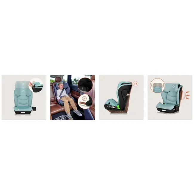 Scaun auto i-Size, Lionelo, Neal, Spatar reglabil in 4 pozitii, Tetiera in 10 pozitii, Suport sticla inclus, 15-36 Kg, 100-150 cm, Cu Isofix, Conform ECE R129, Verde Turquoise BYNLO-NEAL_I-SIZE_GREEN_TURQUOISE