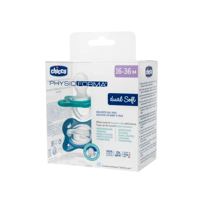 Suzeta anatomica Chicco PhysioForma DualSoft, 2buc, bleu, 16-36luni CHC7308661-7