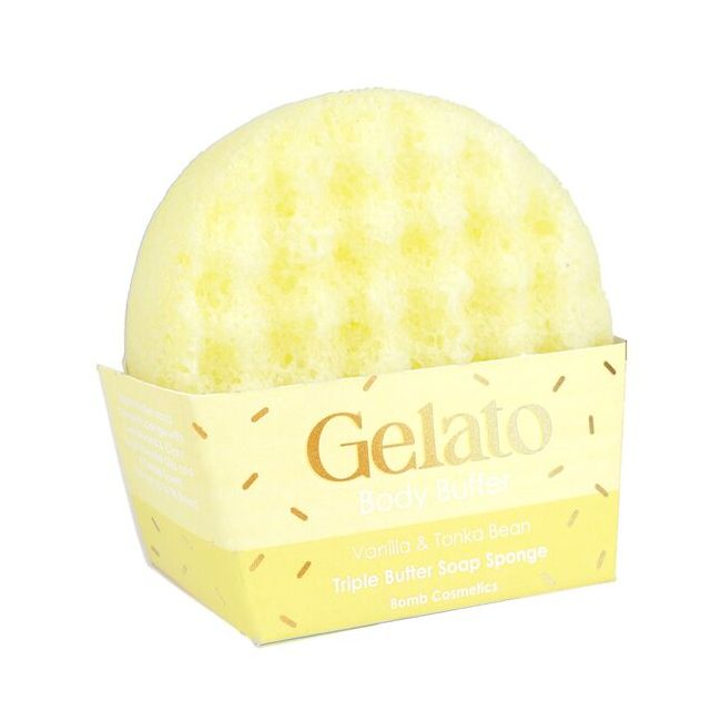 Burete de baie infuzat cu unt de corp si uleiuri esentiale Vanilla & Tonka Gelato Body Buffer  200g, Bomb Cosmetics