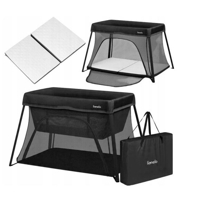 Patut multifunctional, Lionelo, Alice, 3 in 1, 2 trepte de inaltime pentru saltea, Pliabil, Material rezistent Oxford 300D, Cu iesire laterala, Geanta de transport, Pana 15 kg, 0 luni+, 104×70×74 cm, Negru BYNLO-ALICE_BLACK