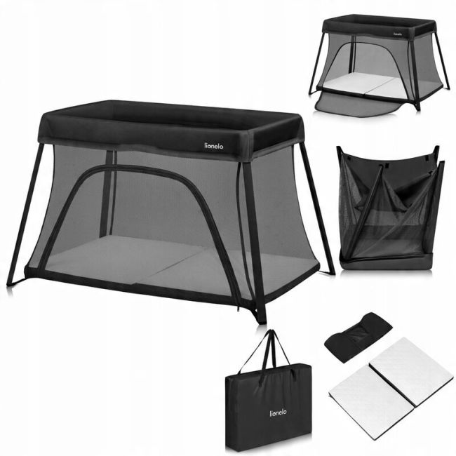 Patut multifunctional, Lionelo, Alice, 3 in 1, 2 trepte de inaltime pentru saltea, Pliabil, Material rezistent Oxford 300D, Cu iesire laterala, Geanta de transport, Pana 15 kg, 0 luni+, 104×70×74 cm, Negru BYNLO-ALICE_BLACK