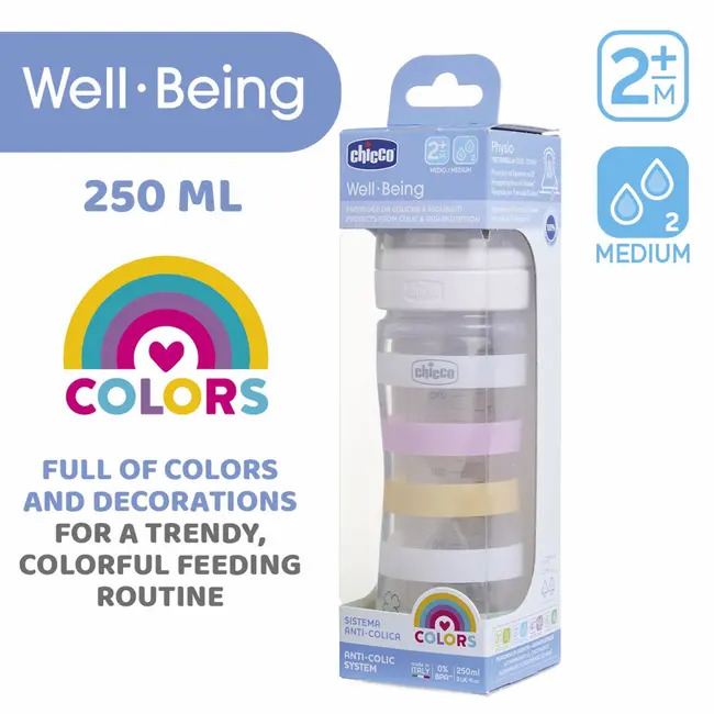 Biberon Chicco WellBeing PP, tetina s., flux mediu, 250ml, orange, 2luni+ CHC2862331-7