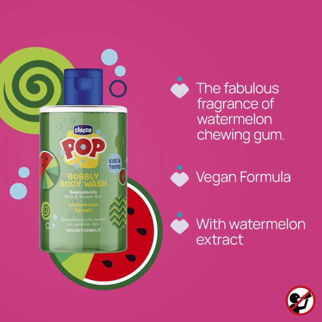 Gel de dus spumant Chicco POP cu aroma de pepene rosu, formula vegana, pentru copii si adolescenti 300 ml CHC12371-9
