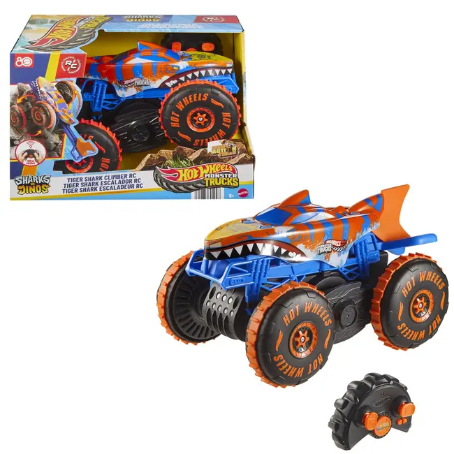 HOT WHEELS MONSTER TRUCK SHARKS VS DINOS MASINA CU TELECOMANDA TIGER SHARK CLIMBER VIVMTJFR39