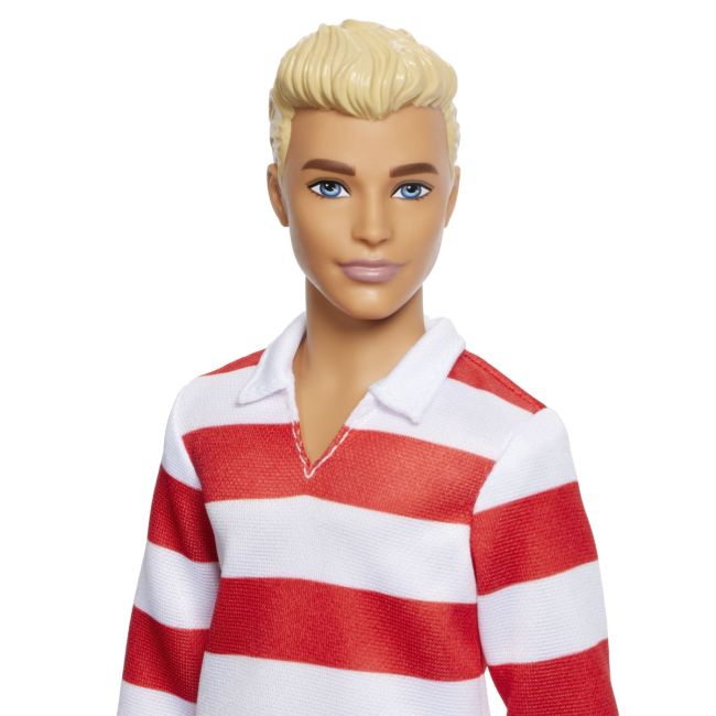 BARBIE FASHIONISTAS PAPUSA KEN BLOND CU BLUZA POLO DUNGI ROSII ALBE VIVMTDWK44_HYV01