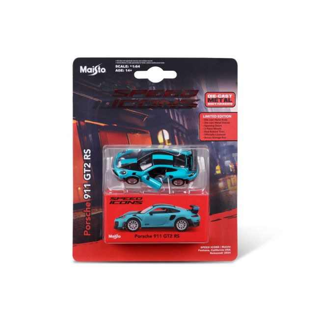 MAISTO MASINUTA METALICA SPEED ICONS PORSCHE 911 GT2 RS MIAMI BLUE SCARA 1 LA 64 VIVMST15707_MiamiBlue