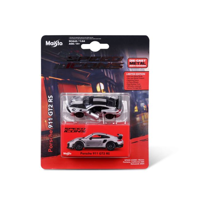 MAISTO MASINUTA METALICA SPEED ICONS PORSCHE 911 GT2 RS SILVER BLACK SCARA 1 LA 64 VIVMST15707_SilverBlack