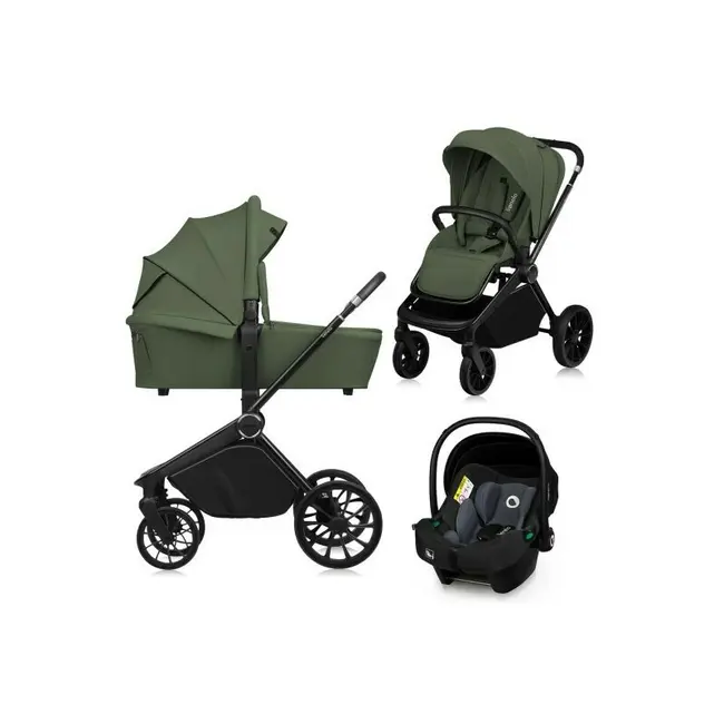 Carucior 3 in 1, Lionelo, Mika Plus, Cadru din aluminiu, Cu landou intarit si salteluta moale, Scoica auto, Reversibil, Cu sistem de ventilatie 3D, Maner ajustabil, Cu accesorii, Pana la 22 kg, EN1888-1 EN1888-2 EN1466 ECE R129, Verde BYNLO-MIKA_PLUS_3IN1