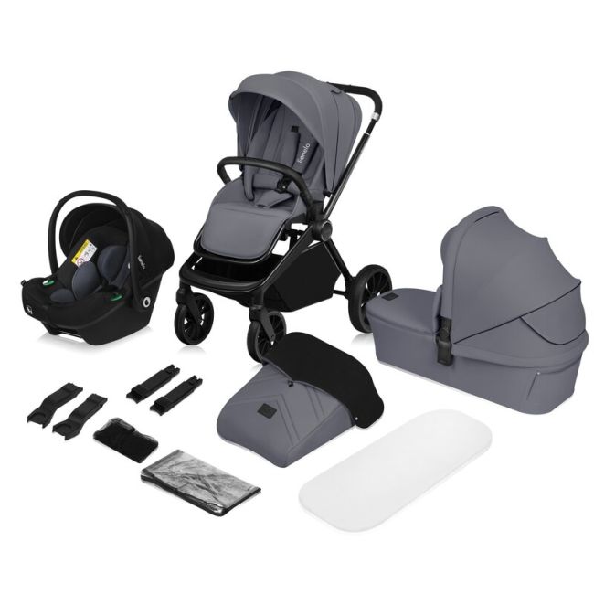 Carucior 3 in 1, Lionelo, Mika Plus, Cadru din aluminiu, Cu landou intarit si salteluta moale, Scoica auto, Reversibil, Cu sistem de ventilatie 3D, Maner ajustabil, Cu accesorii, Pana la 22 kg, EN1888-1 EN1888-2 EN1466 ECE R129, Gri BYNLO-MIKA_PLUS_3IN1_G