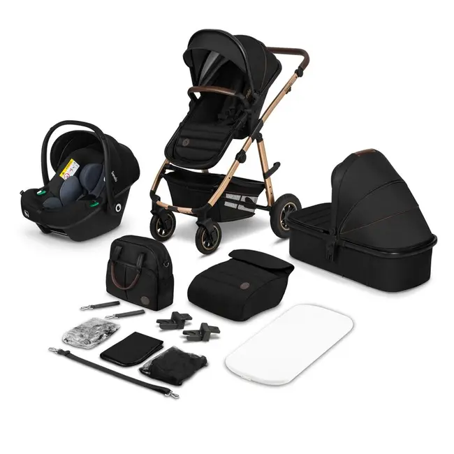 Lionelo - Carucior Amber 3 in 1, Cadru aluminiu, Cu landou intarit si salteluta moale, Scoica auto, Reversibil, Maner ajustabil, Huse pentru picioare, ploaie, Plasa de tantar, Geanta parinti, Pana la 22 kg, EN1888-1,EN1888-2,EN1466,ECE R44/04, Negru BYNLO