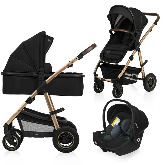 Lionelo - Carucior Amber 3 in 1, Cadru aluminiu, Cu landou intarit si salteluta moale, Scoica auto, Reversibil, Maner ajustabil, Huse pentru picioare, ploaie, Plasa de tantar, Geanta parinti, Pana la 22 kg, EN1888-1,EN1888-2,EN1466,ECE R44/04, Negru BYNLO