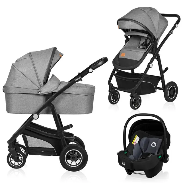 Lionelo - Carucior Bianka, 3 in 1, Cadru aluminiu, Cu landou intarit si salteluta moale, Maner ajustabil, Include saculet de picioare, Husa de ploaie si tantari, Geanta pentru parinti, Sustine 22 kg, 0 luni+, EN1466:2014+AC:2015, EN1888, Gri BYNLO-BIANKA_