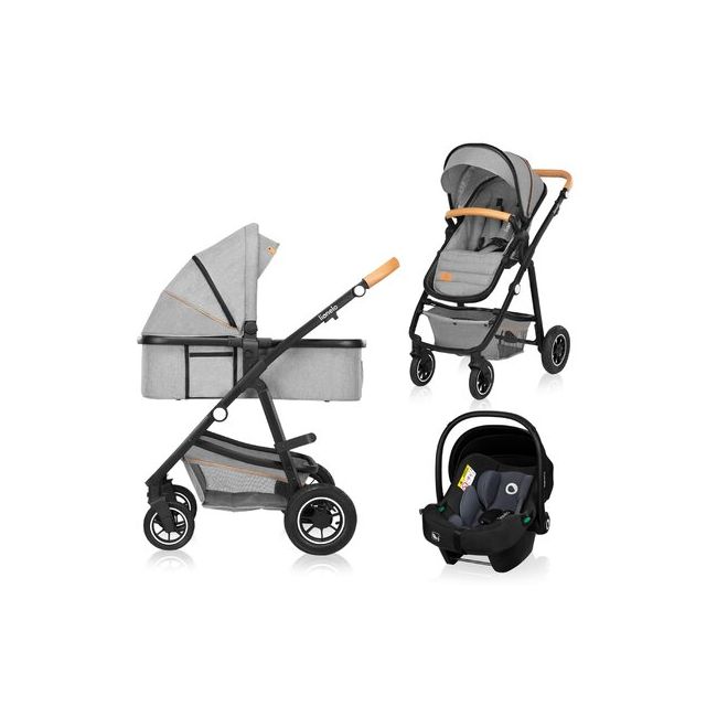 Lionelo - Carucior compact Amber, 3 in 1, Cadru din aluminiu, Cu landou intarit si salteluta moale, Scoica auto, Reversibil, Maner ajustabil, Huse pentru picioare, Plasa de tantari, Husa de ploaie, Geanta parinti, Pana la 22 kg, Gri BYNLO-AMBER_3IN1_GREY_