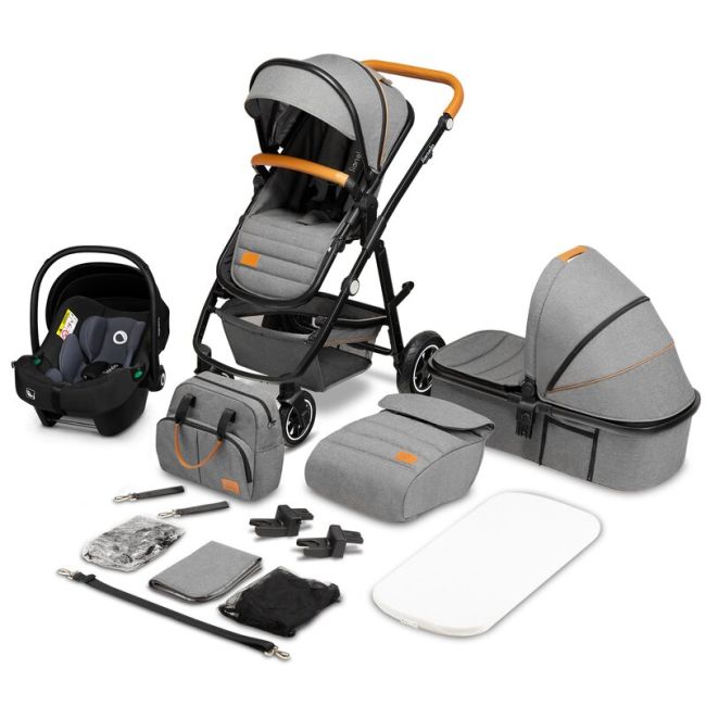 Lionelo - Carucior compact Amber, 3 in 1, Cadru din aluminiu, Cu landou intarit si salteluta moale, Scoica auto, Reversibil, Maner ajustabil, Huse pentru picioare, Plasa de tantari, Husa de ploaie, Geanta parinti, Pana la 22 kg, Gri BYNLO-AMBER_3IN1_GREY_