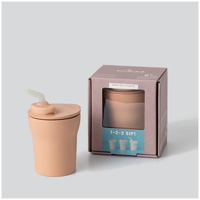 Pahar cu capac si pai antrenament bebelusi miniware 1-2-3 sip!, 100% din materiale naturale biodegradabile, toffee mw_mwsctt