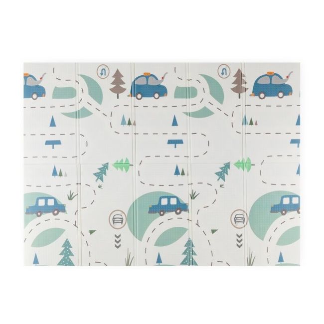 Covoras de joaca, Petite&Mars, Reversibil, Include geanta pentru transport, Pliabil si impermeabil, Non-toxic, 197 x 147 x 1 cm, Campy Cars, 0 luni+, Multicolor BYN435073