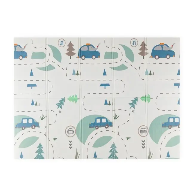 Covoras de joaca, Petite&Mars, Reversibil, Include geanta pentru transport, Pliabil si impermeabil, Non-toxic, 197 x 147 x 1 cm, Campy Cars, 0 luni+, Multicolor BYN435073