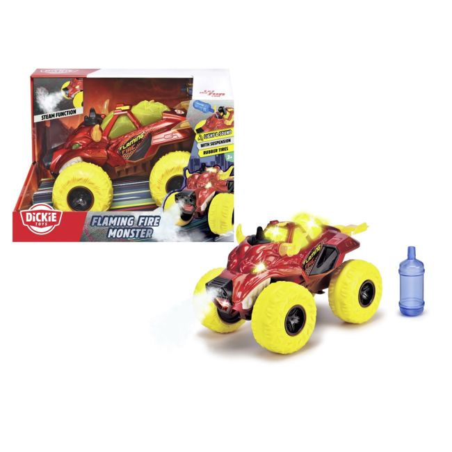 DICKIE MASINA DE TEREN FLAMING FIRE MONSTER CU LUMINI SUNETE SUSPENSII SI FUNCTIE ABUR 25CM VIV203754003